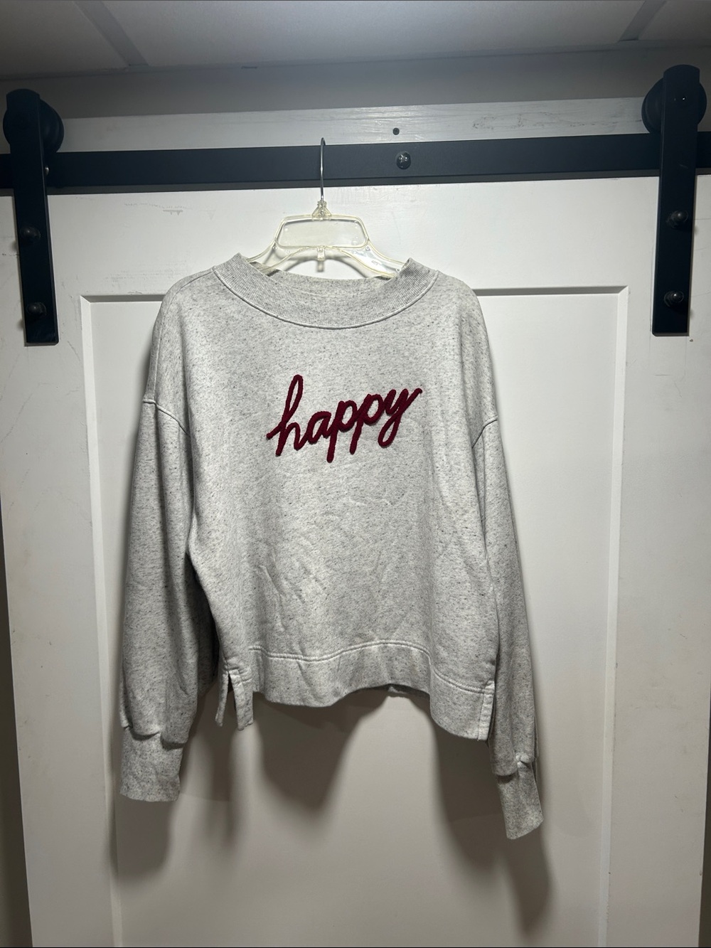 Old Navy Gray Pullover Sweatshirt with Burgundy "happy" Script